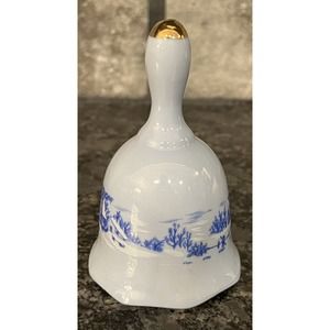 Vintage Blue Porcelain Bell Winter Homeplace Barn Scene Gold Tipped Handle